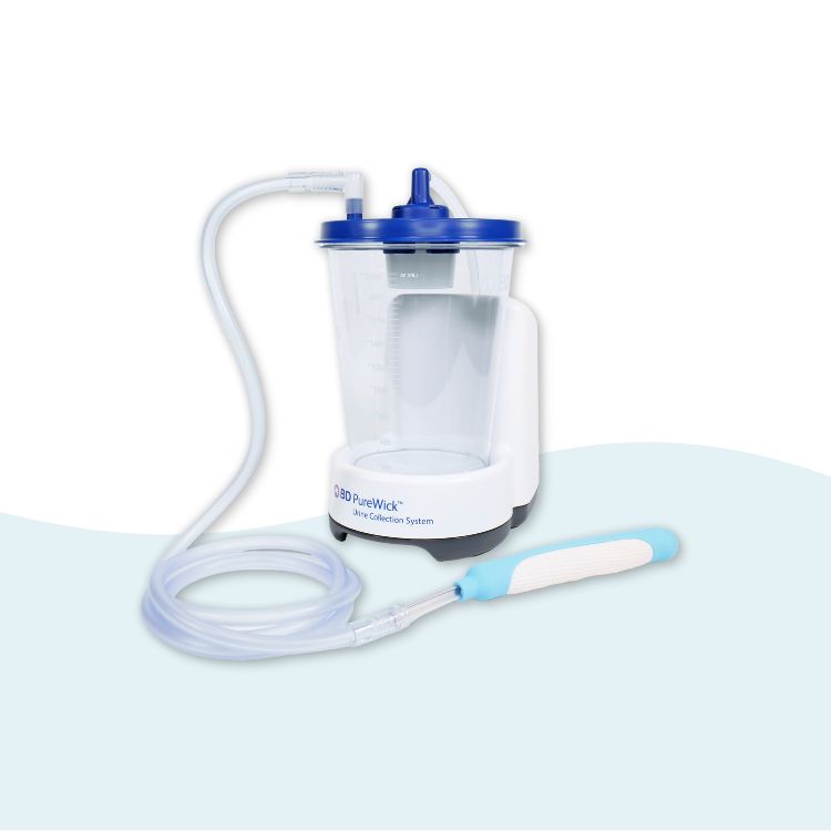 Collection cover image for the Incontinence collection on Fischer Medical Supply. Features a Purewick urine collection system on a blue and white decorative background