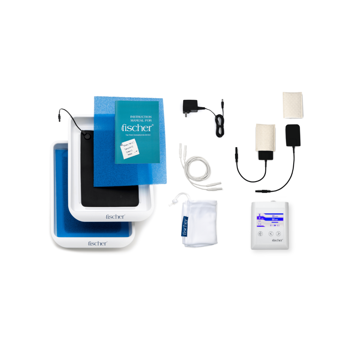 image of the Fischer iontophoresis device used for treating hyperhidrosis. 3 in 1 treats hands, feet, and underarms 