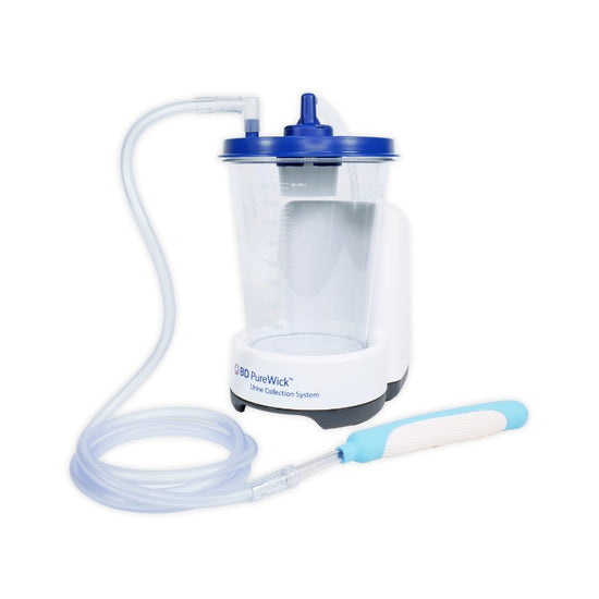 Image of PureWick™ urine collection system, the premier solution for managing female urinary incontinence. Blue canister is on top of white device and is connected to clear tube.