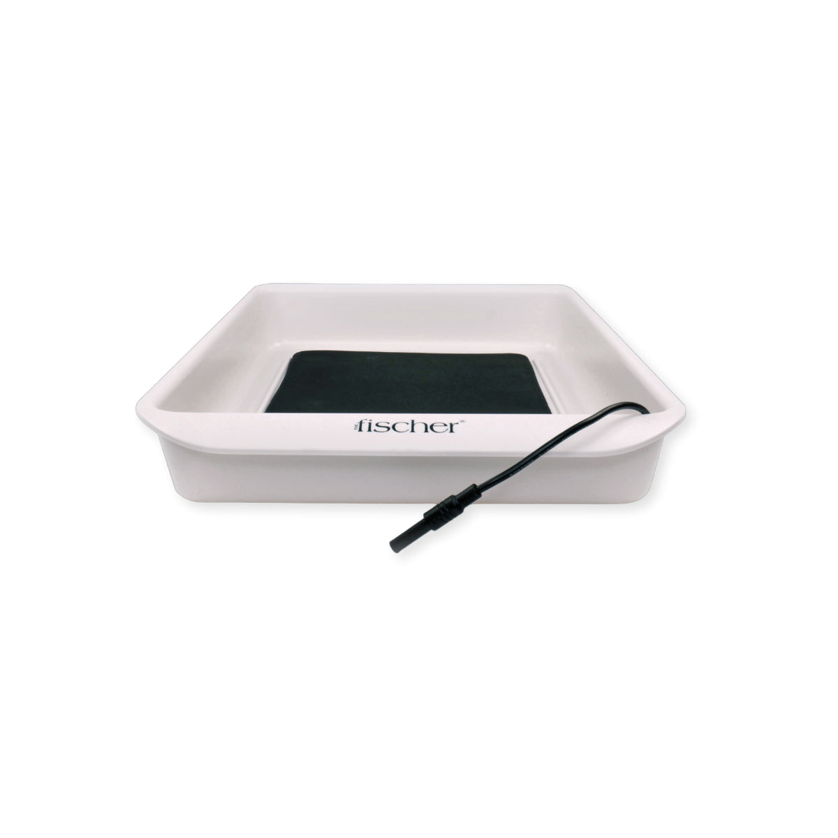 Image of one of the white trays and black silicone graphite electrodes that attach to the Fischer iontophoresis device, used to treat hyperhidrosis (excessive sweating)